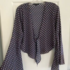 Navy and Orange Patterned Women's Tie Top